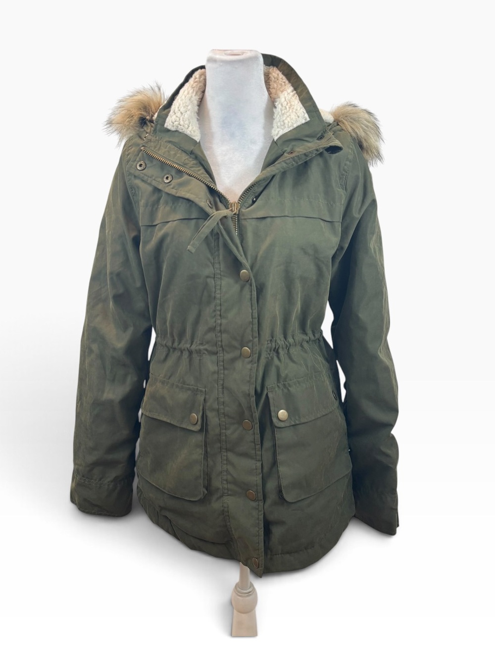 Ladies Aeropostale Brand Army Green Fleece Lined Jacket with Faux Fur Hood Sm
